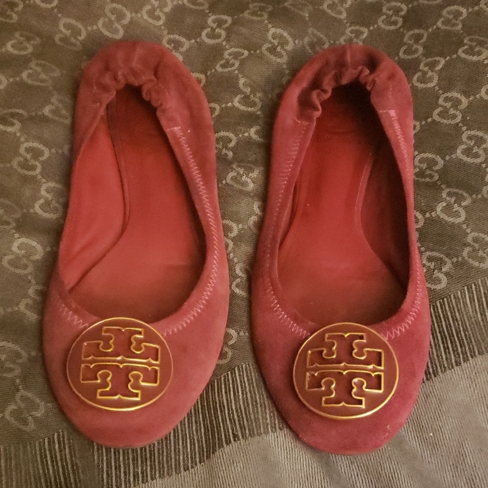 Tory Burch Burgundy Ballet Flats with Gold Logo